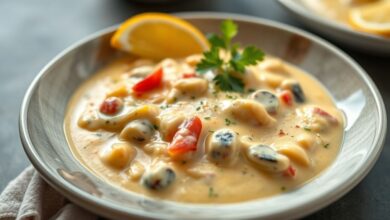 Moqueca de panga cremosa servida em panela de barro, com pimentões coloridos e coentro fresco, aspecto tropical e irresistível.