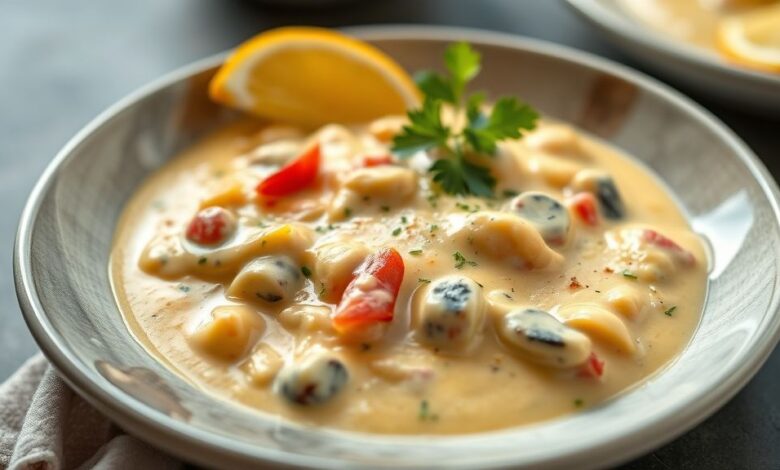 Moqueca de panga cremosa servida em panela de barro, com pimentões coloridos e coentro fresco, aspecto tropical e irresistível.