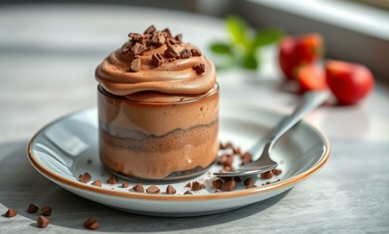 Taça de mousse de chocolate com café cremosa, aerada e decorada com raspas de chocolate e grãos de café torrado