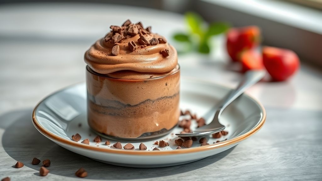 Taça de mousse de chocolate com café cremosa e aerada, decorada com raspas de chocolate e grãos de café