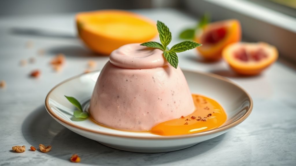 Taça de mousse de manga rosa cremosa com hortelã e pedaços de fruta, sobremesa tropical refrescante