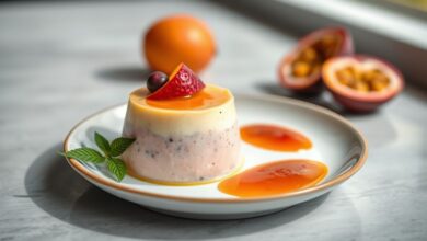 Taça de mousse de maracujá cremosa, decorada com calda e sementes da fruta, apresentada de forma elegante
