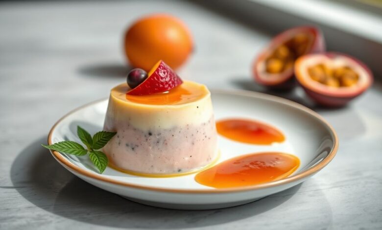 Taça de mousse de maracujá cremosa, decorada com calda e sementes da fruta, apresentada de forma elegante