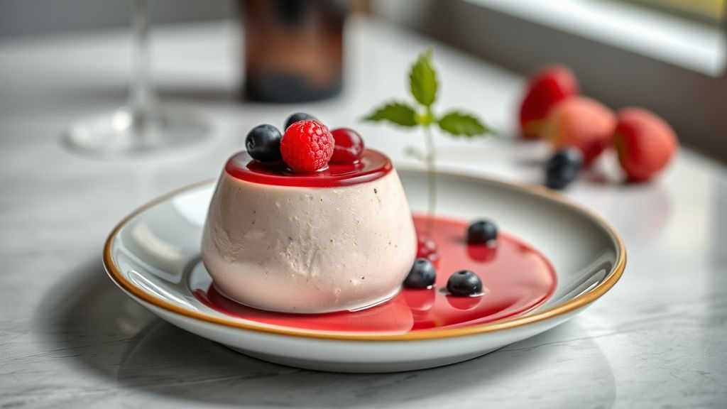 Taça de mousse de vinho cremosa decorada com uvas e hortelã, sobremesa sofisticada e elegante