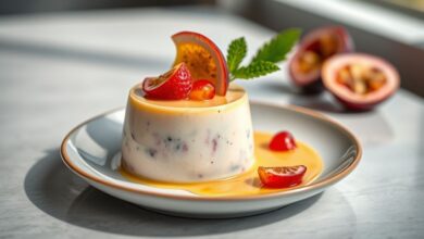 Sobremesa servida em taça, com calda de maracujá dourada e textura cremosa e leve
