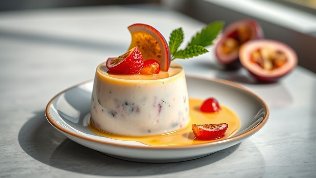 taça de mousse gelado de maracujá com cobertura de polpa e sementes, textura cremosa e aerada