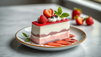 Taça com camadas definidas de mousse de chocolate, morango e baunilha, com textura leve e aparência sofisticada.