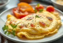 Omelete caseira dourada, fofa e dobrada ao meio com recheio de legumes e queijo derretido, servida em prato branco com ervas frescas.