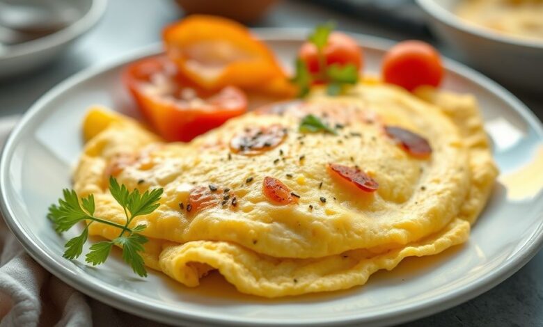 Omelete caseira dourada, fofa e dobrada ao meio com recheio de legumes e queijo derretido, servida em prato branco com ervas frescas.