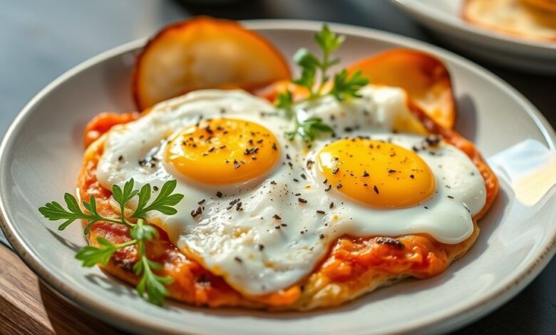 Prato de ovos à pizzaiolo servido na frigideira, com molho de tomate e queijo gratinado, decorado com manjericão fresco