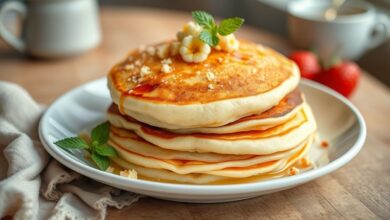 Panquecas fofas empilhadas com calda de mel escorrendo e frutas frescas, em prato elegante de café da manhã