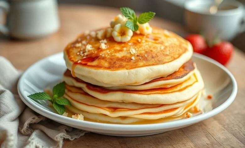 Panquecas fofas empilhadas com calda de mel escorrendo e frutas frescas, em prato elegante de café da manhã