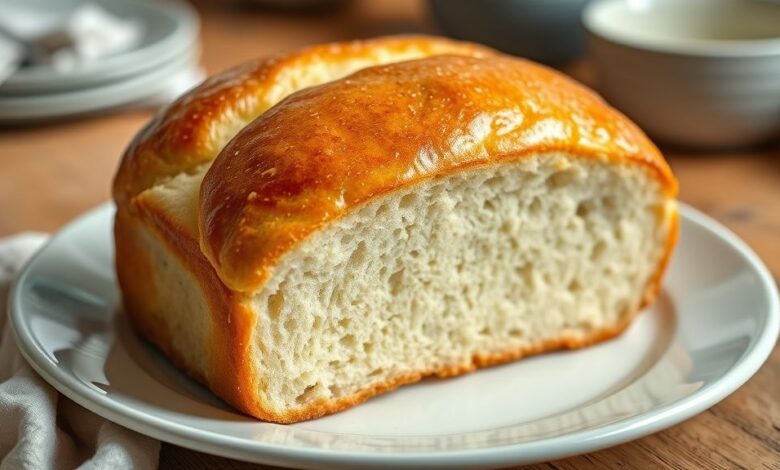 Pão caseiro grande e dourado, com crosta brilhante e textura macia, recém-saído do forno.