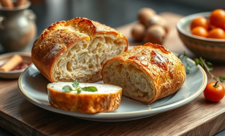 Pães caseiros dourados e frescos sobre uma grade, prontos para servir, com crosta crocante e miolo macio