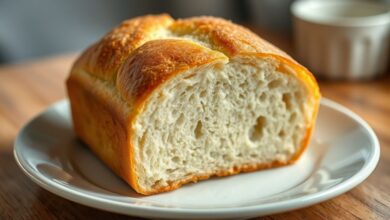 Pão caseiro artesanal, dourado e crocante, com miolo leve e aparência irresistível