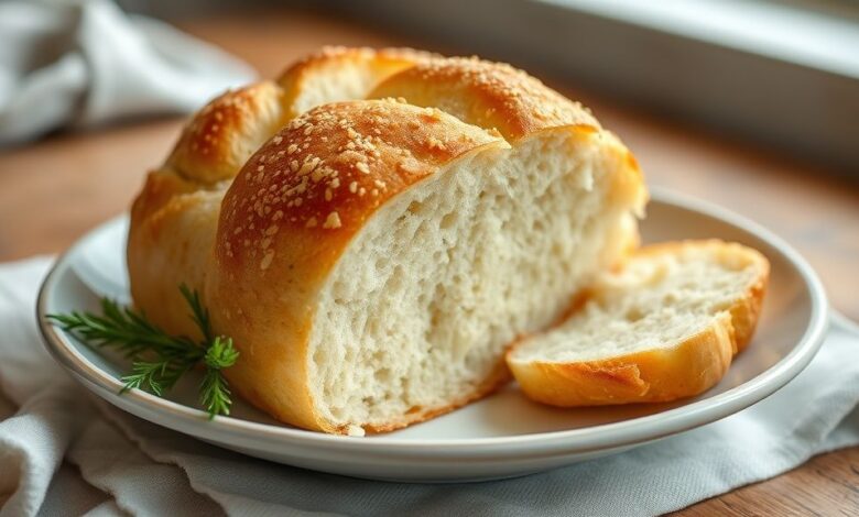 Pães caseiros dourados e macios sobre uma grade, com casca brilhante e miolo leve, prontos para servir.