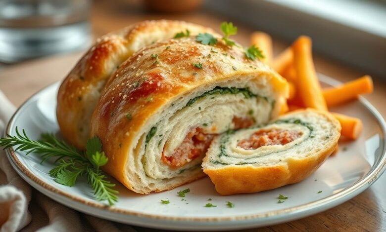 Pão caseiro recheado assado, macio e dourado, cortado ao meio revelando o recheio cremoso de queijo e presunto.