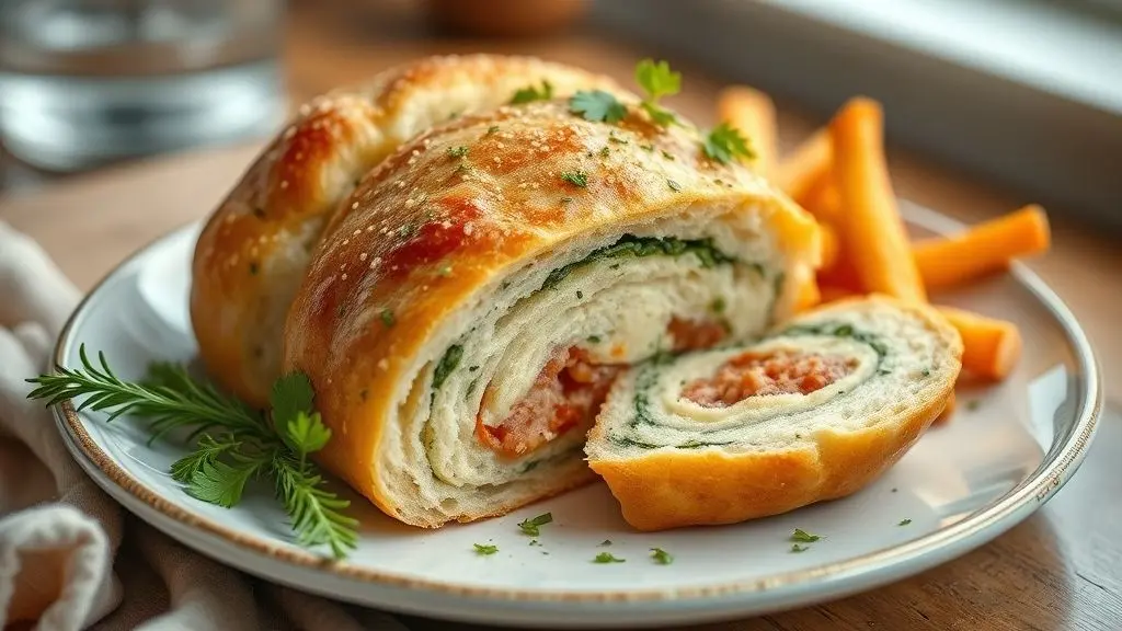 Pão caseiro recheado assado, macio e dourado, cortado ao meio revelando o recheio cremoso de queijo e presunto.