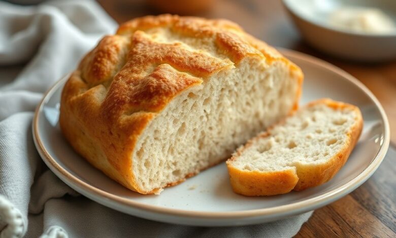 Pão caseiro dourado e macio, recém-assado, com textura leve e crosta delicada, servido sobre uma tábua de madeira.