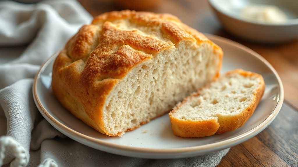 Pão caseiro dourado e macio, recém-assado, com textura leve e crosta delicada, servido sobre uma tábua de madeira.