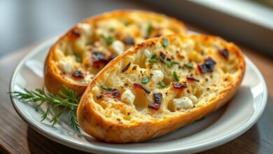 Pães de alho dourados e crocantes sobre uma tábua, prontos para servir, com ervas frescas ao redor