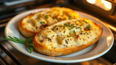 Pães de alho assados, dourados e crocantes por fora, com recheio cremoso derretido, servidos ainda quentes