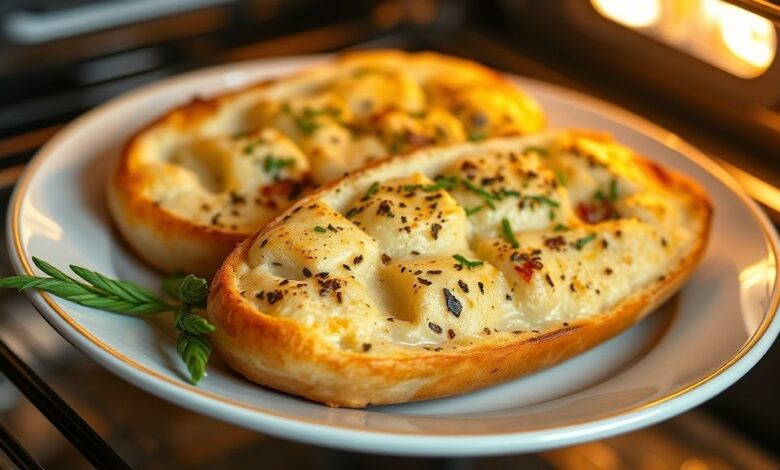 Pães de alho assados, dourados e crocantes por fora, com recheio cremoso derretido, servidos ainda quentes