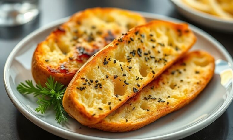 Pão de alho dourado, crocante por fora e macio por dentro, mostrando o recheio amanteigado e derretido.