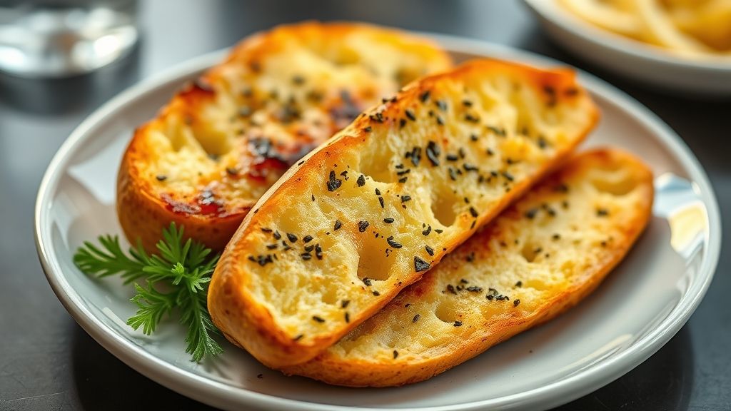 Pão de alho na airfryer dourado e crocante, servido quente, mostrando o interior macio e recheio amanteigado de alho
