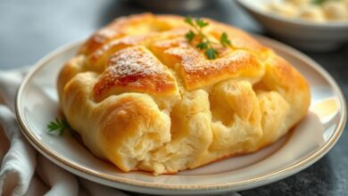 Pães de frigideira dourados e fofinhos empilhados em um prato, prontos para servir