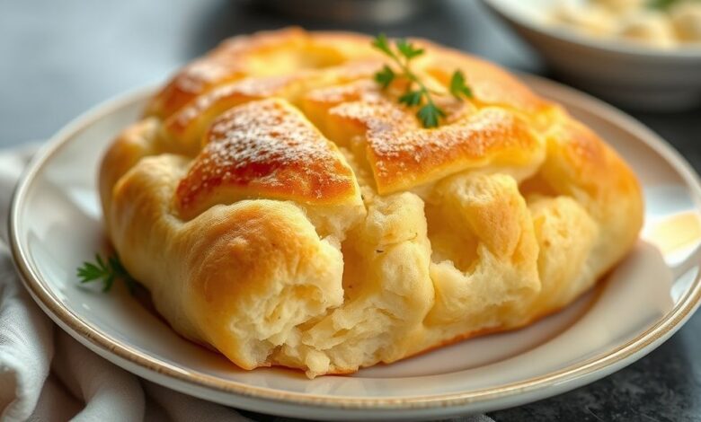 Pães de frigideira dourados e fofinhos empilhados em um prato, prontos para servir