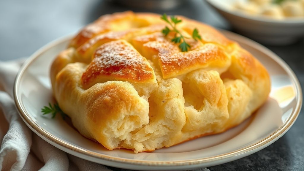 Pães de frigideira dourados e fofinhos empilhados em um prato, prontos para servir