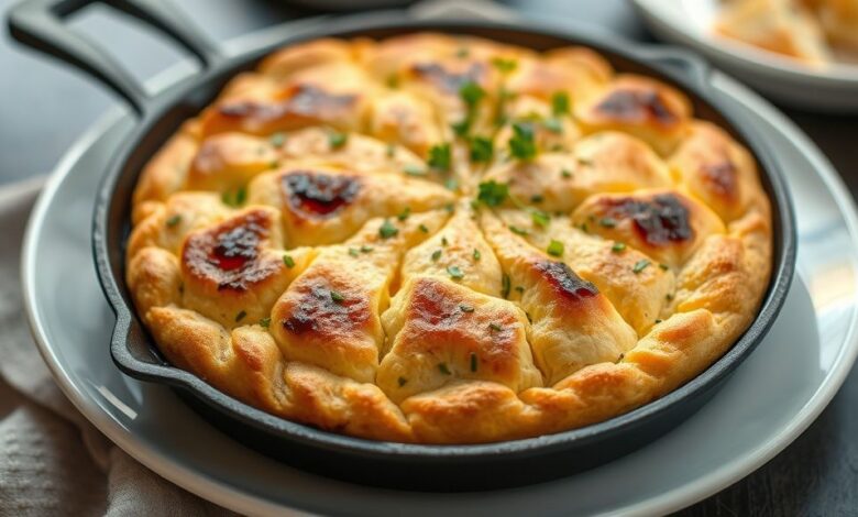 Pão de frigideira dourado e fofo, servido em prato branco com manteiga derretendo