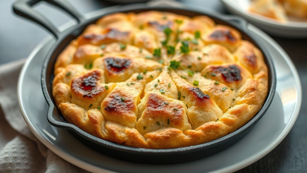 Pão de frigideira dourado e fofo, servido em prato branco com manteiga derretendo