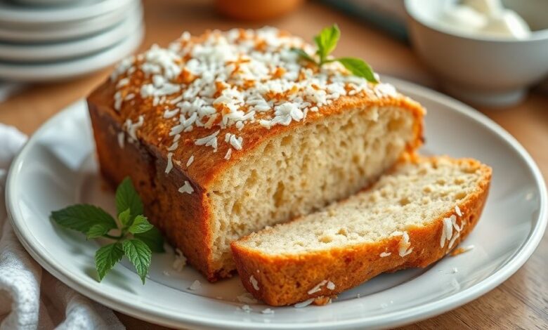 Pão doce caseiro dourado, macio e coberto com coco ralado, servido em uma travessa bonita e iluminado naturalmente