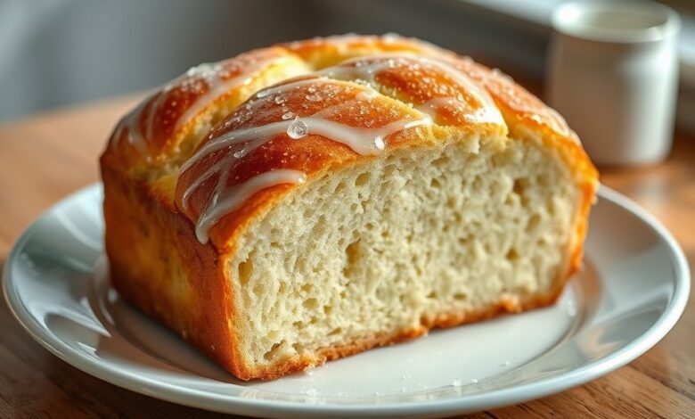 Pão dourado e brilhante recém-assado com casca crocante e aspecto de padaria artesanal