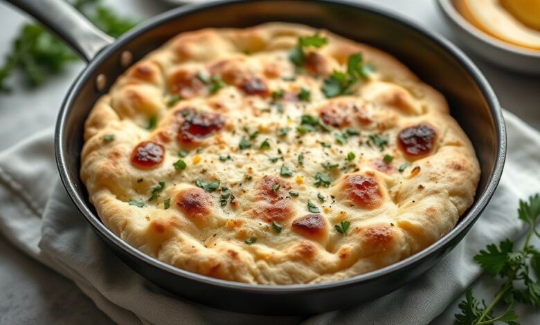 Pães sírios dourados e maleáveis empilhados sobre um pano de prato, com textura leve e aparência artesanal