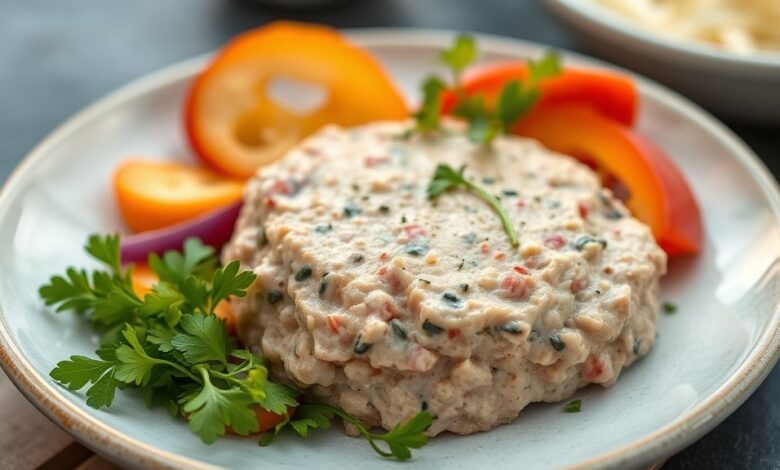 Patê de atum saudável cremoso servido em tigela com torradas e limão, com aparência leve e apetitosa