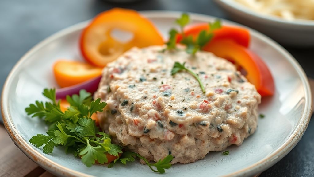 Patê de atum saudável cremoso servido em tigela com torradas e limão, com aparência leve e apetitosa