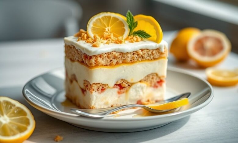 Pavê de limão em camadas, cremoso, decorado com raspas de limão e servido em taça ou travessa, aparência refrescante e deliciosa