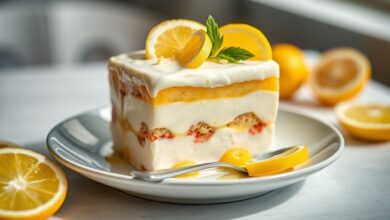 Pavê de limão montado em camadas, com creme suave, morangos e suspiros, servido gelado em refratário transparente