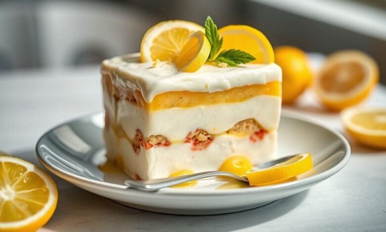 Pavê de limão montado em camadas, com creme suave, morangos e suspiros, servido gelado em refratário transparente