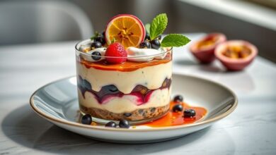 Pavê de maracujá trufado finalizado em camadas, com decoração de chocolate branco e polpa de maracujá, servido em refratário transparente