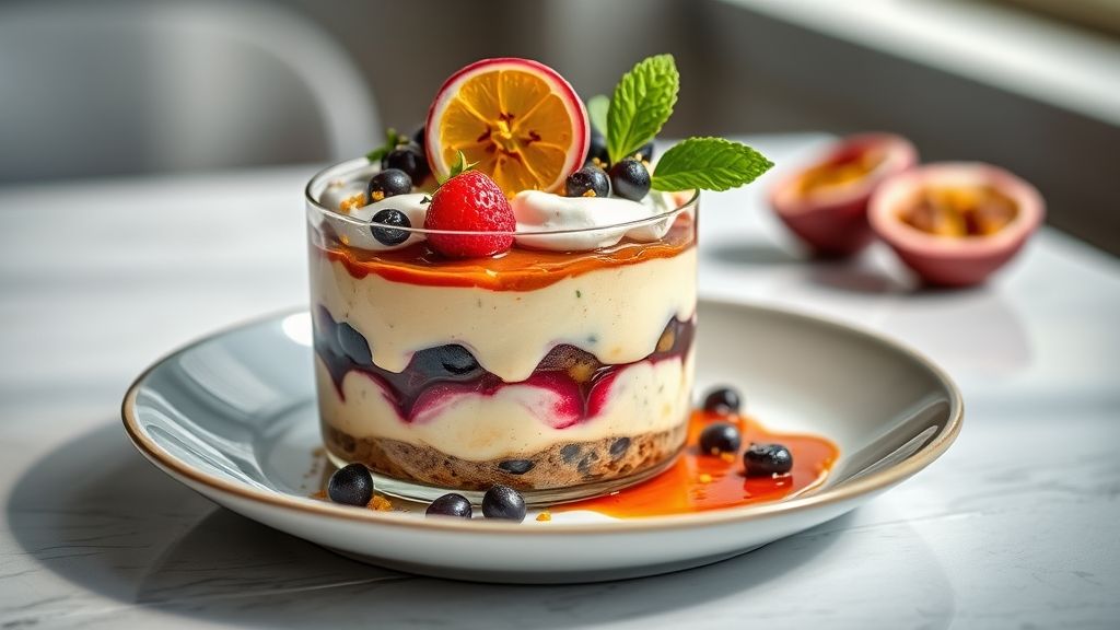 Camadas de pavê de maracujá trufado com chocolate branco, cremoso e decorado com polpa fresca