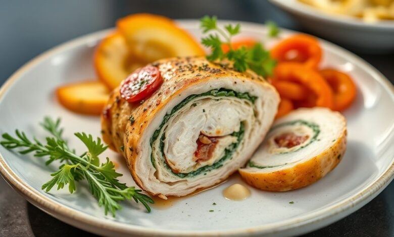 Peito de frango dourado, recheado com queijo derretido e espinafre, servido com salada e arroz cremoso
