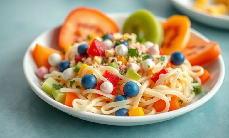 Prato alegre com mini-sanduíches coloridos e espetinhos de frutas dispostos em travessa festiva para o Dia das Crianças