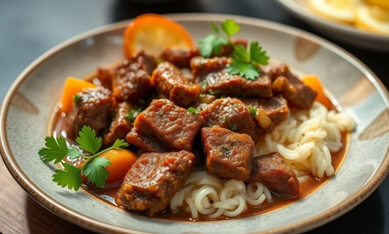 Prato de picadinho de músculo suculento, bem temperado e com molho espesso servido com arroz branco e farofa dourada