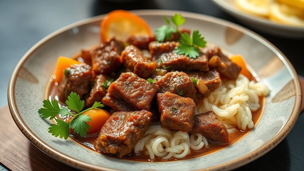 Prato de picadinho de músculo suculento, bem temperado e com molho espesso servido com arroz branco e farofa dourada