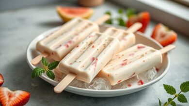 Picolés cremosos prontos, coloridos, servidos em copos com frutas frescas e gelo ao redor.