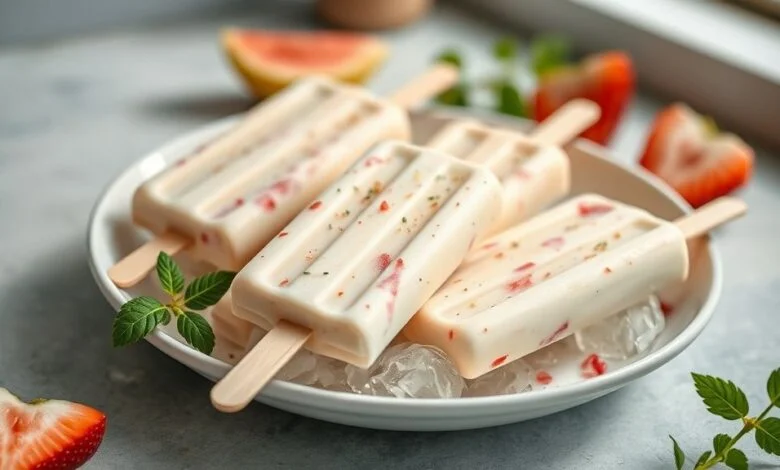 Picolés cremosos prontos, coloridos, servidos em copos com frutas frescas e gelo ao redor.